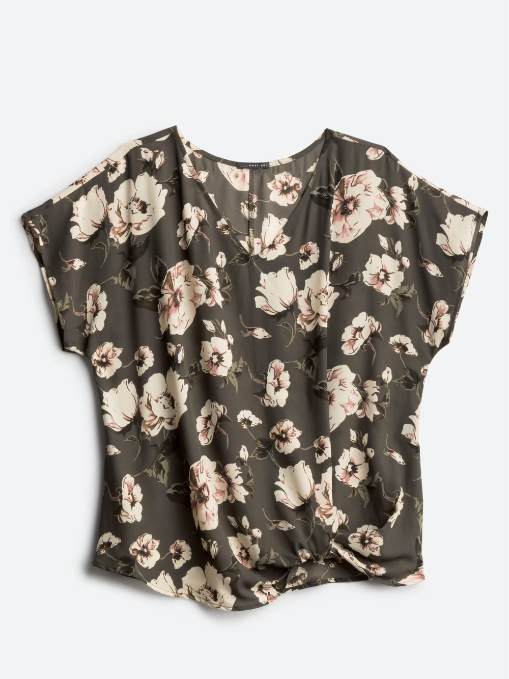 West Kei Olive Floral Short-Sleeve Twist Front Top 2x